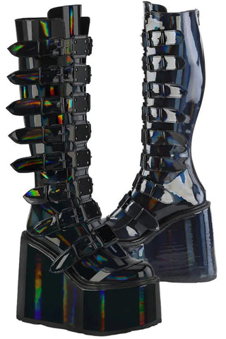 DemoniaCult SWING 815 Black Holographic Boots | Angel Clothing