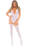 Leg Avenue Lace Deep-V Teddy and Stockings White | Angel Clothing