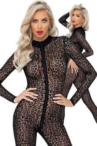 Noir Handmade Full Body Leopard Flock Catsuit