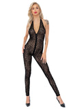 Noir Handmade Leopard Flock Halter Catsuit | Angel Clothing