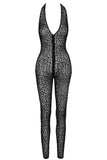 Noir Handmade Leopard Flock Halter Catsuit (M, L, XL) | Angel Clothing