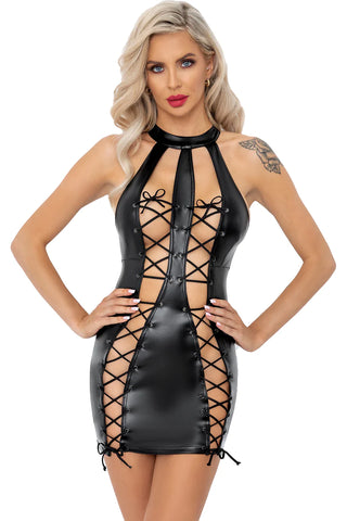 Noir handmade Double Lace-up Front Powerwetlook Dress | Angel Clothing
