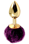 Gold effect metal butt plug purple pompom