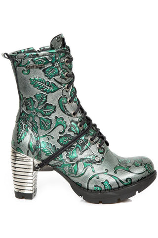 New Rock Green Metallic Vintage Flower Ankle Boots M.TR001-S7